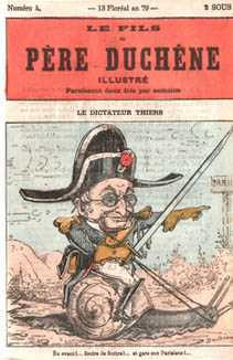 A caricature of Adolphe Thiers charging on the 1871 Paris Commune, published in Le Père Duchêne illustré